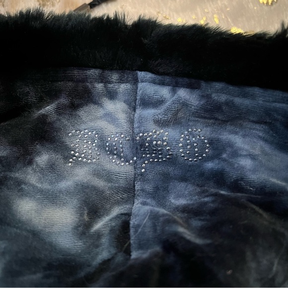 NWT BCBG S Y2K Velour Zip Up Rhinestone Graphic Fuzzy Hood Details Black/Blue - Picture 5 of 10
